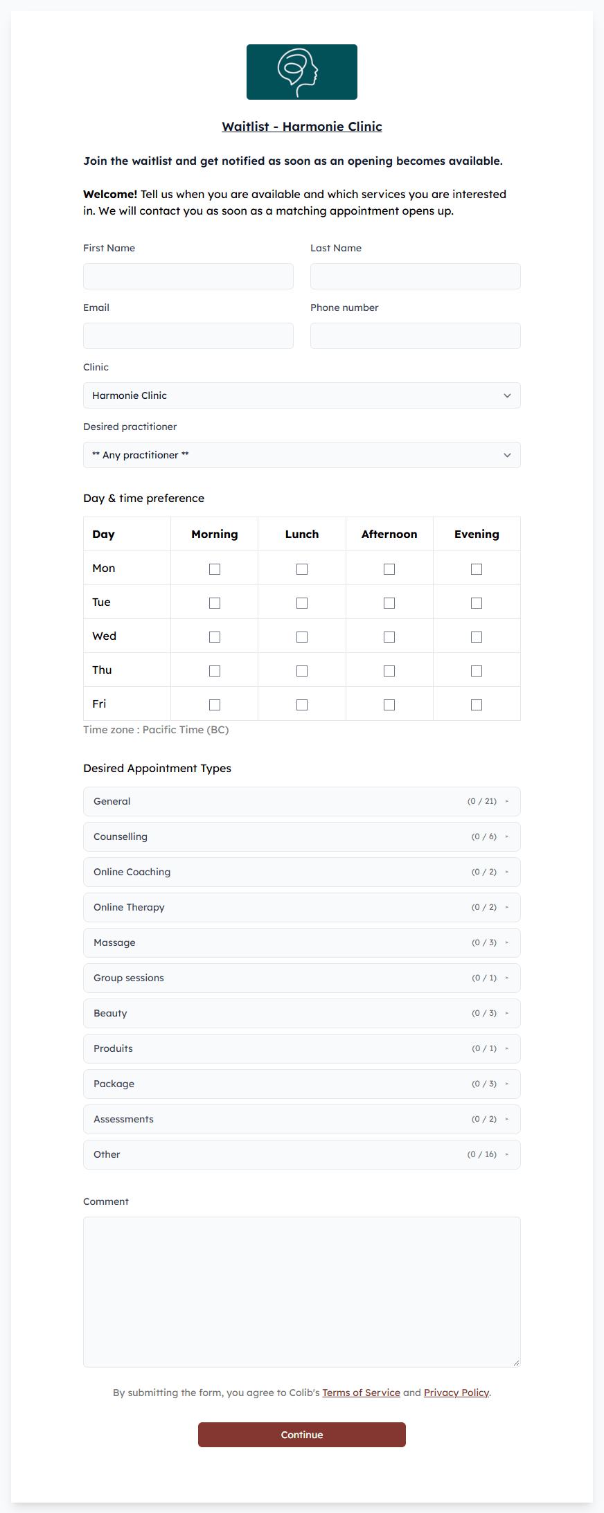 Waitlist page seen by the clients