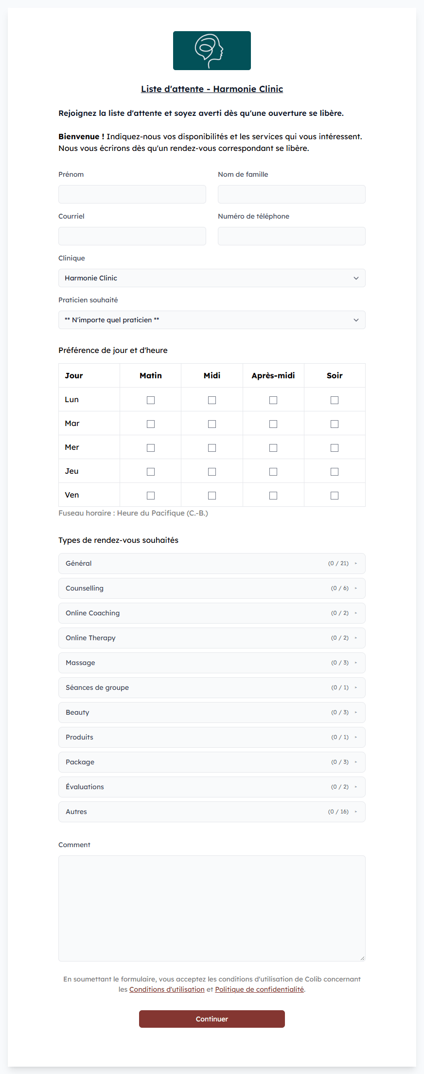 Page de liste d'attente vue par les clients