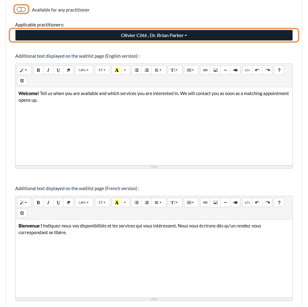 Practitioners of the waitlist and additional texts in Settings > Waitlist