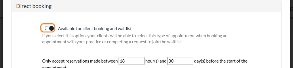 Available for client booking and waitlist switch in the Direct booking section of an appointment type