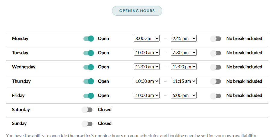 Opening Hours section in Settings > General