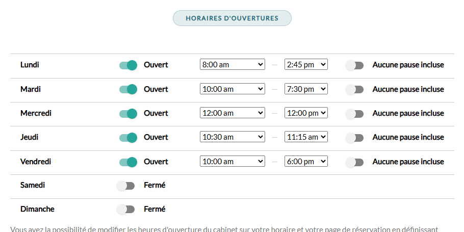Section Horaires d'ouvertures dans Réglages > Général